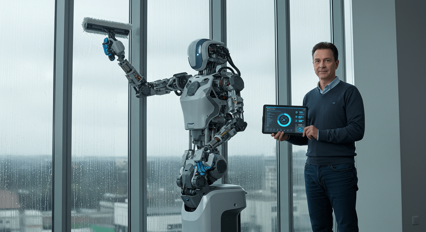 Engineer controls advanced humanoid robot cleaning high-rise windows using smart software dashb