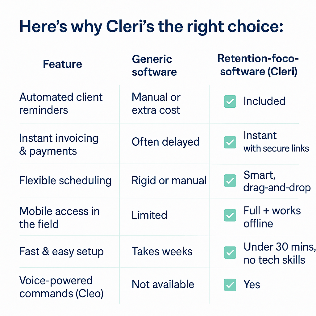 Table comparing features of Cleri window cleaning software and generic tools_ highlighting ben