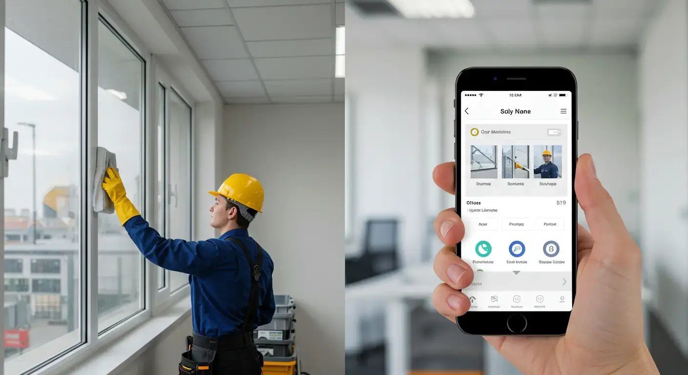 Technician cleaning office windows while using mobile app to track tasks—showcasing key featur
