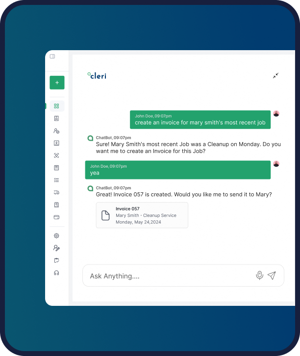 Cleri AI assistant Cleo creating a customer invoice through a voice chat command for a cleanup service job