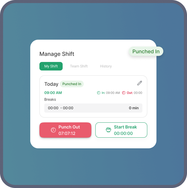 Cleri crew app shift management screen showing punch in, punch out, and break tracking for field workers