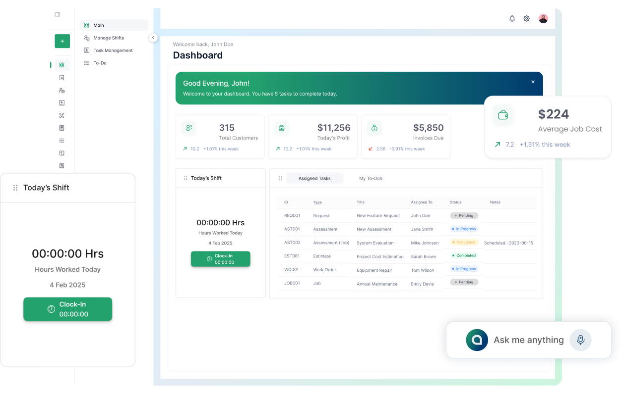 Cleri mobile app showing invoice paid confirmation and job checkout completed for a field service crew member
