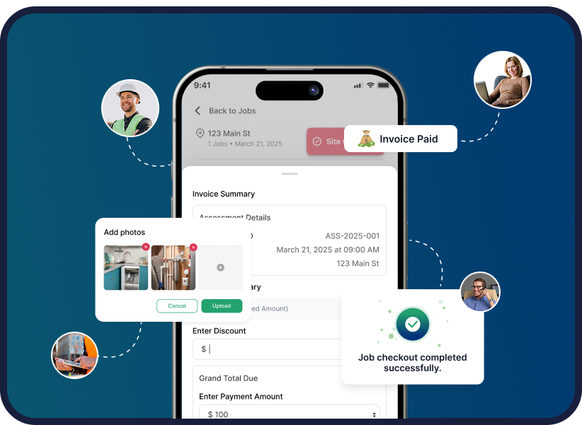 Cleri mobile app displaying invoice paid status, job checkout completion, and photo upload for field service crews