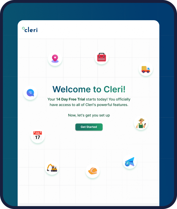 Cleri welcome onboarding screen offering a 14-day free trial with full access to field service management features