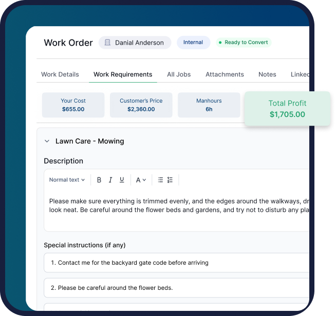 Cleri work order screen showing lawn mowing job requirements, total profit, cost breakdown, and special instructions