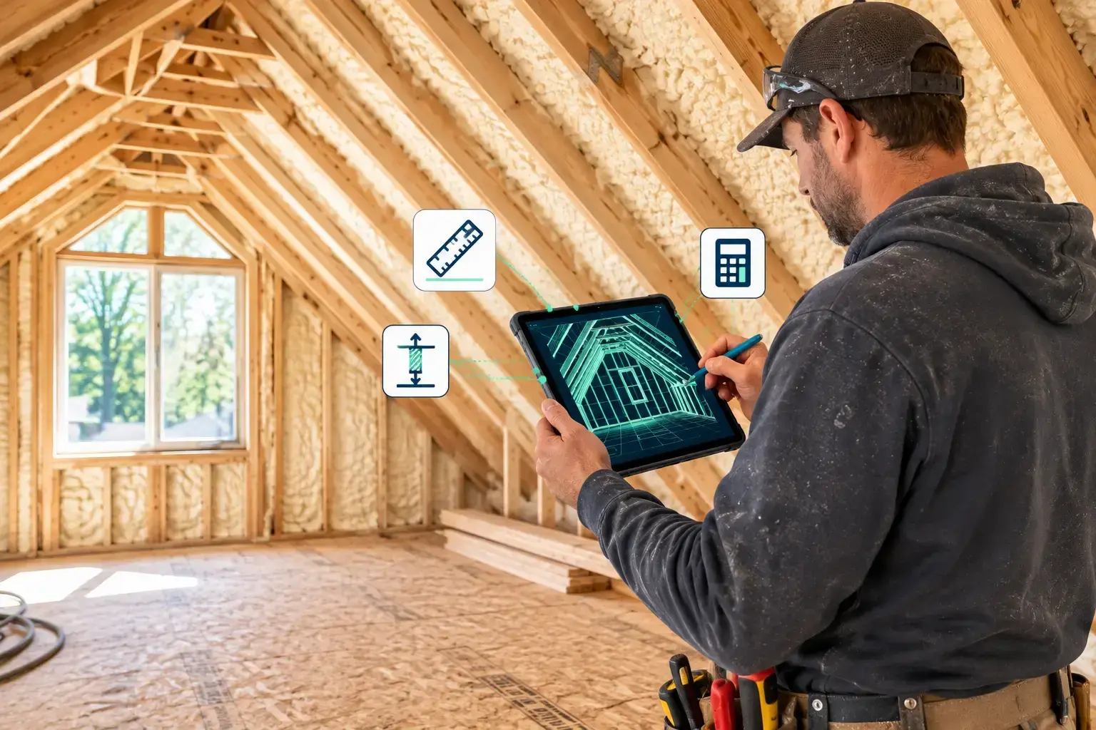 Spray foam contractor comparing 3D estimating model on tablet with real attic conditions