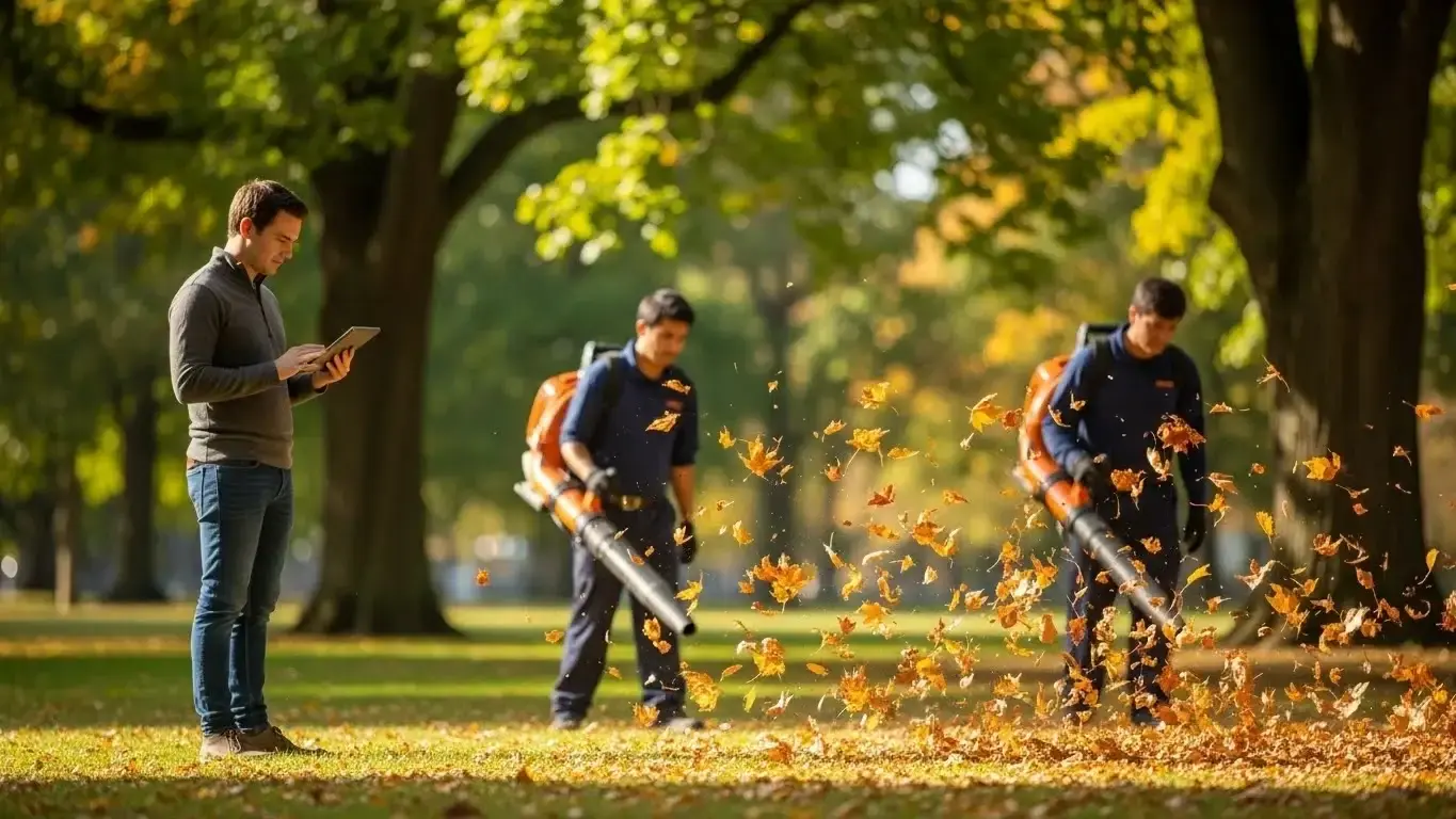 Lawn care manager reviewing reports while crew clears autumn leaves with blowers in a park