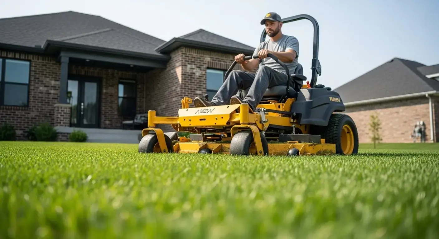 Lawn care professional mowing a residential lawn with a zero-turn mower in front of a modern home