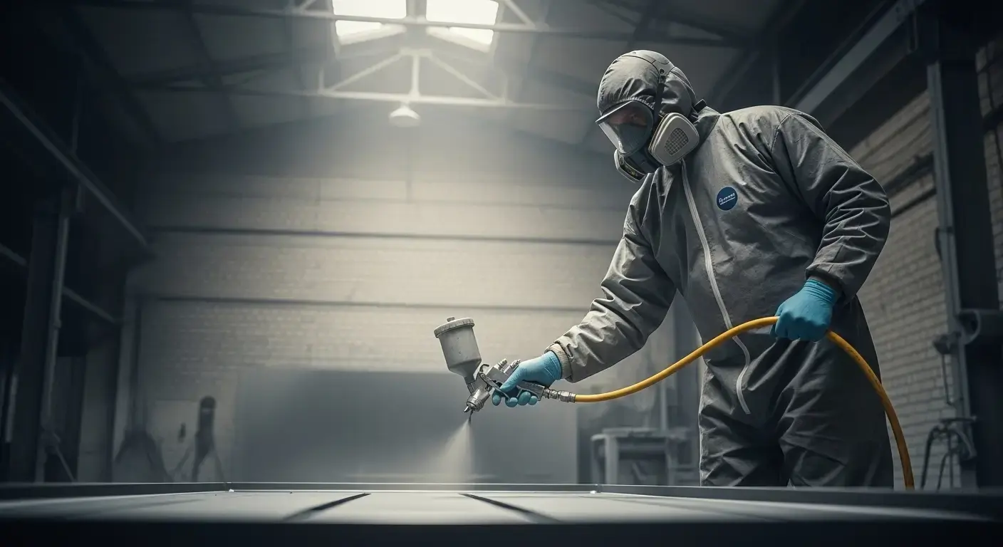 Spray foam contractor applying insulation on site using professional protective gear and spray equipment