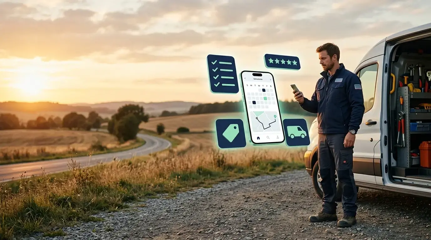 Technician comparing field service management software features beside his van