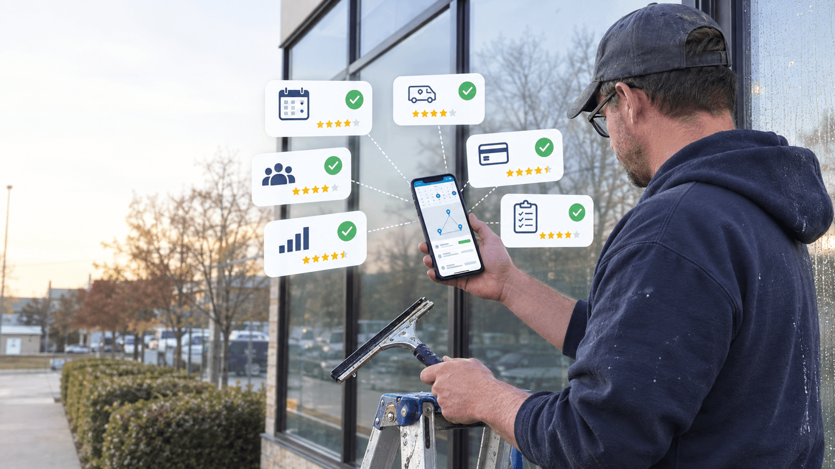 Window cleaner comparing scheduling software options on phone beside storefront