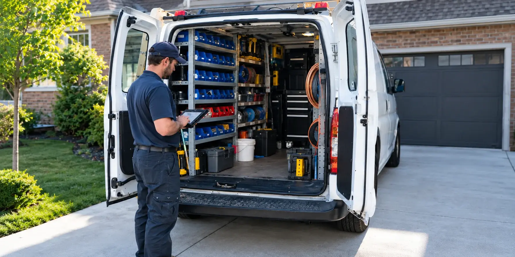 Plumbing technician checking jobs on a tablet beside a service van, Housecall Pro alternatives
