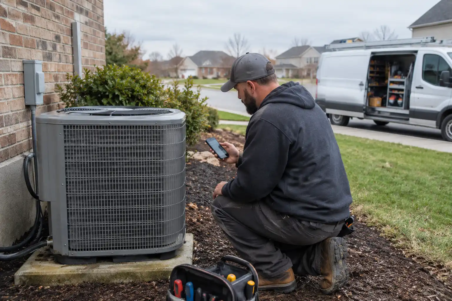 HVAC technician checking a job on a phone beside a condenser, Housecall Pro vs Jobber