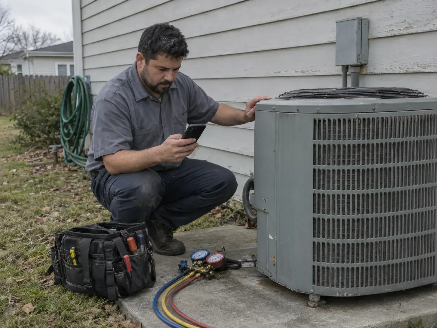HVAC technician checking a customer record on a phone beside a condenser, hvac crm software