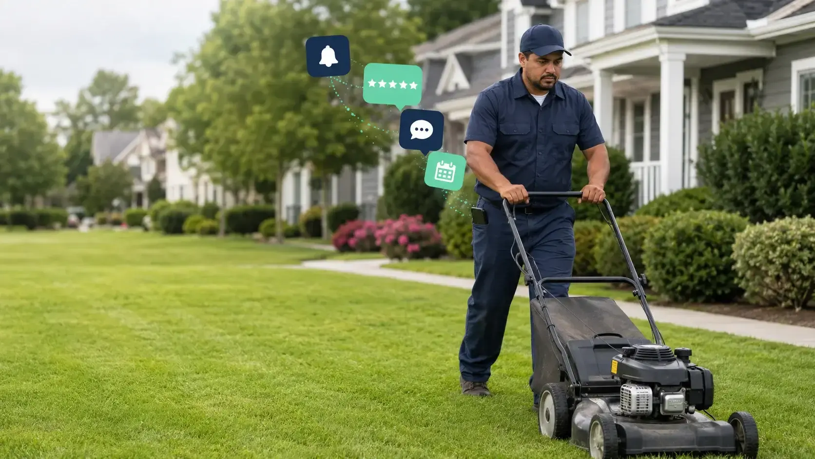 Lawn care marketing automation sending reminders and review requests while crew mows
