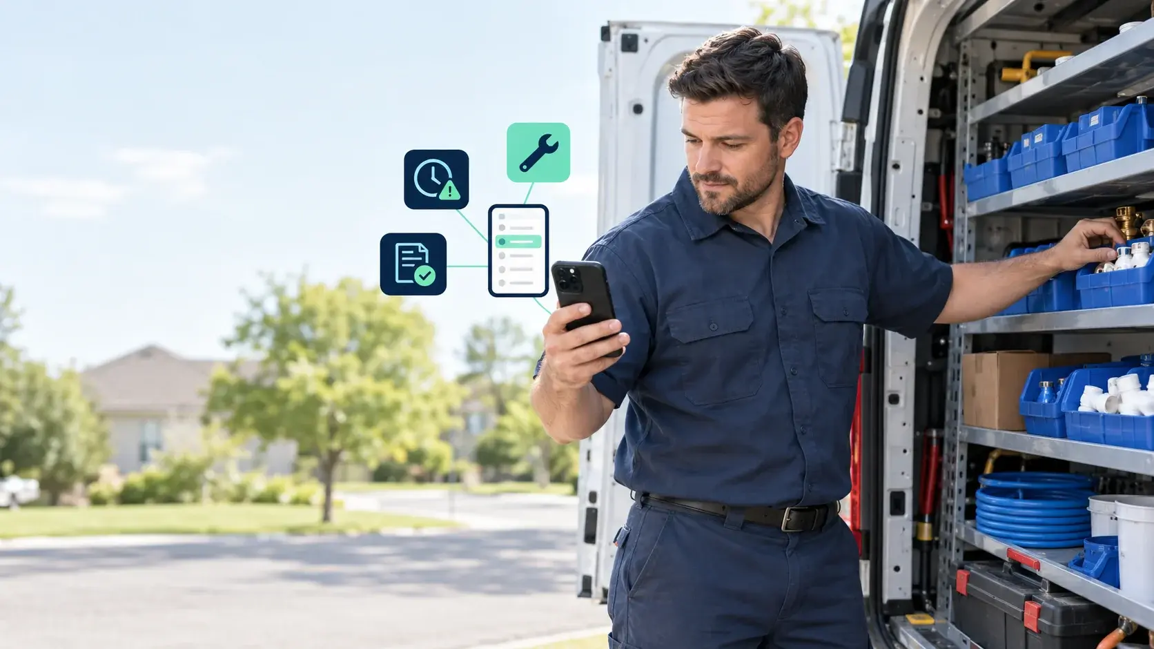 Plumber checking dispatch board in plumbing job management software beside his van