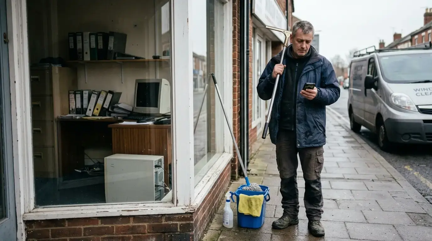 Window cleaner checking phone outside storefront, saas vs on-premise window cleaning software