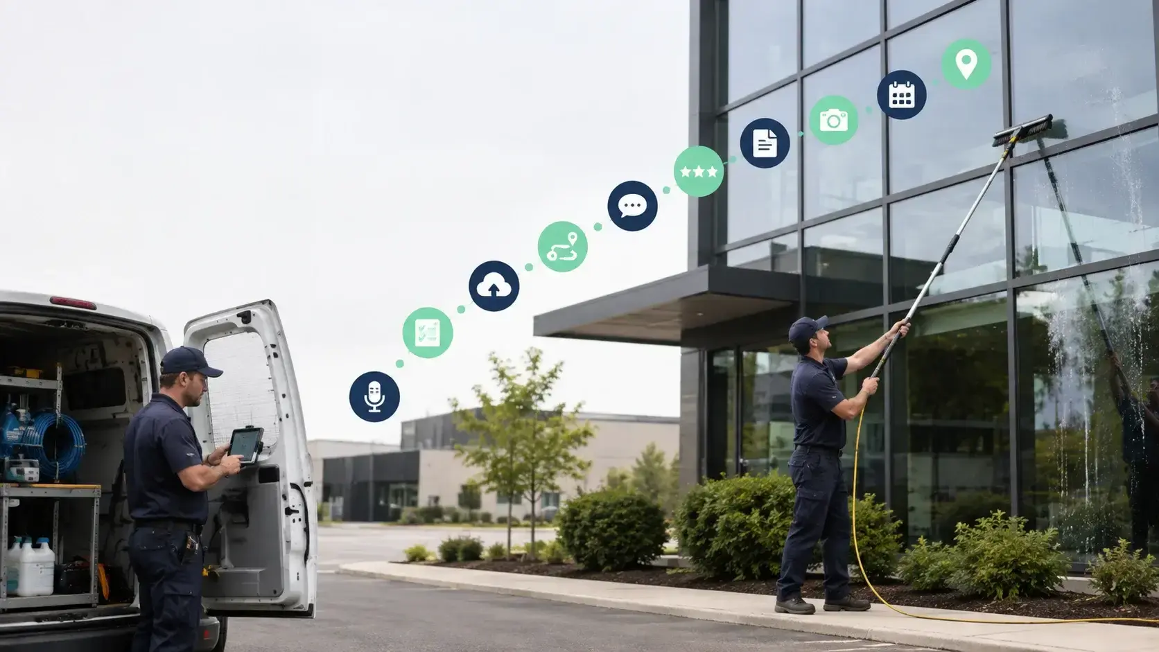 Window cleaning crew using tech advantages like GPS routing and mobile invoicing on site