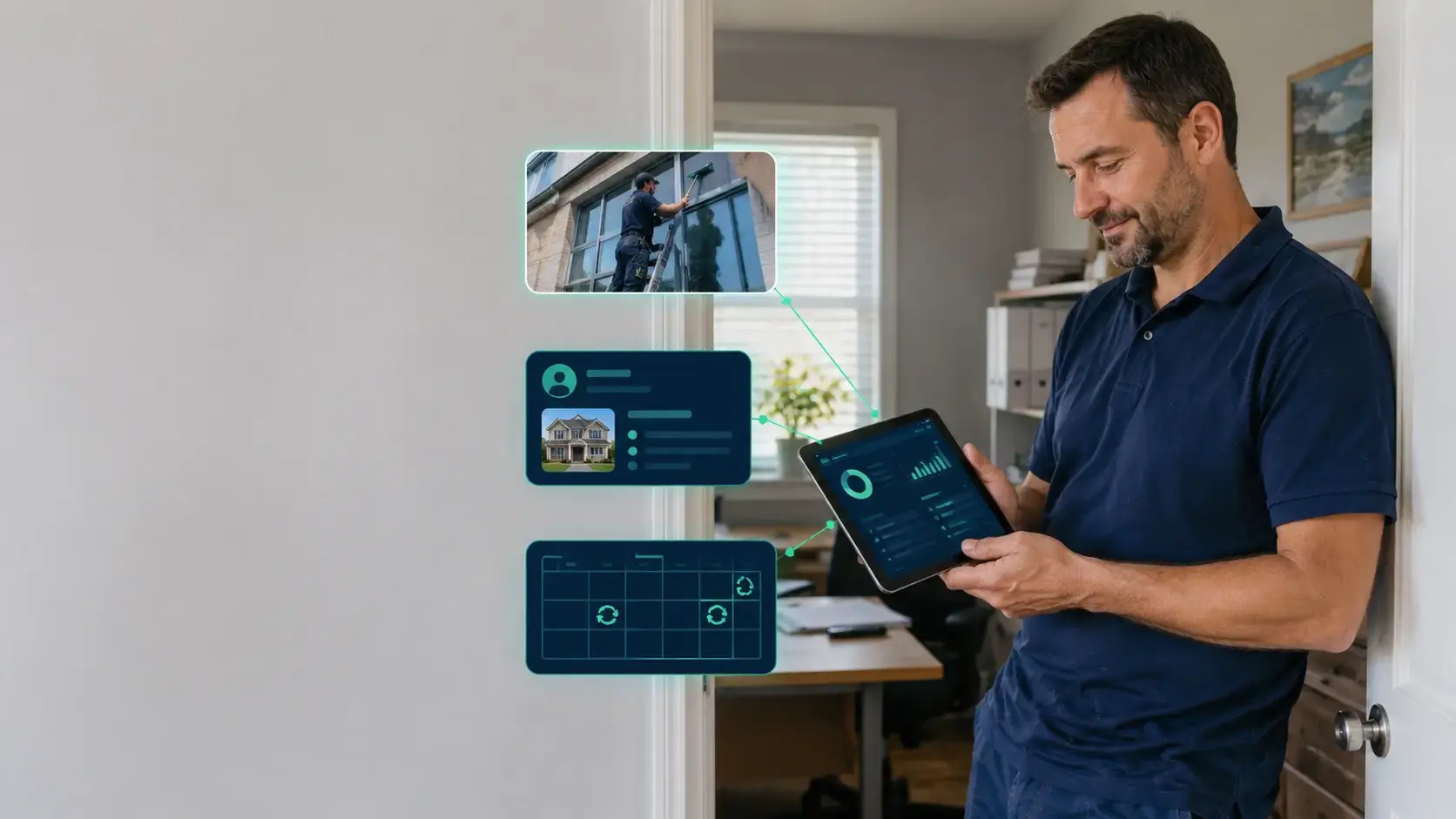 Owner managing crews and customer records in window cleaning management software CRM