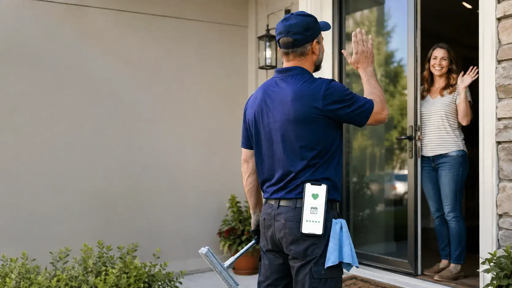 Window cleaner leaving happy repeat customer after job booked via retention software