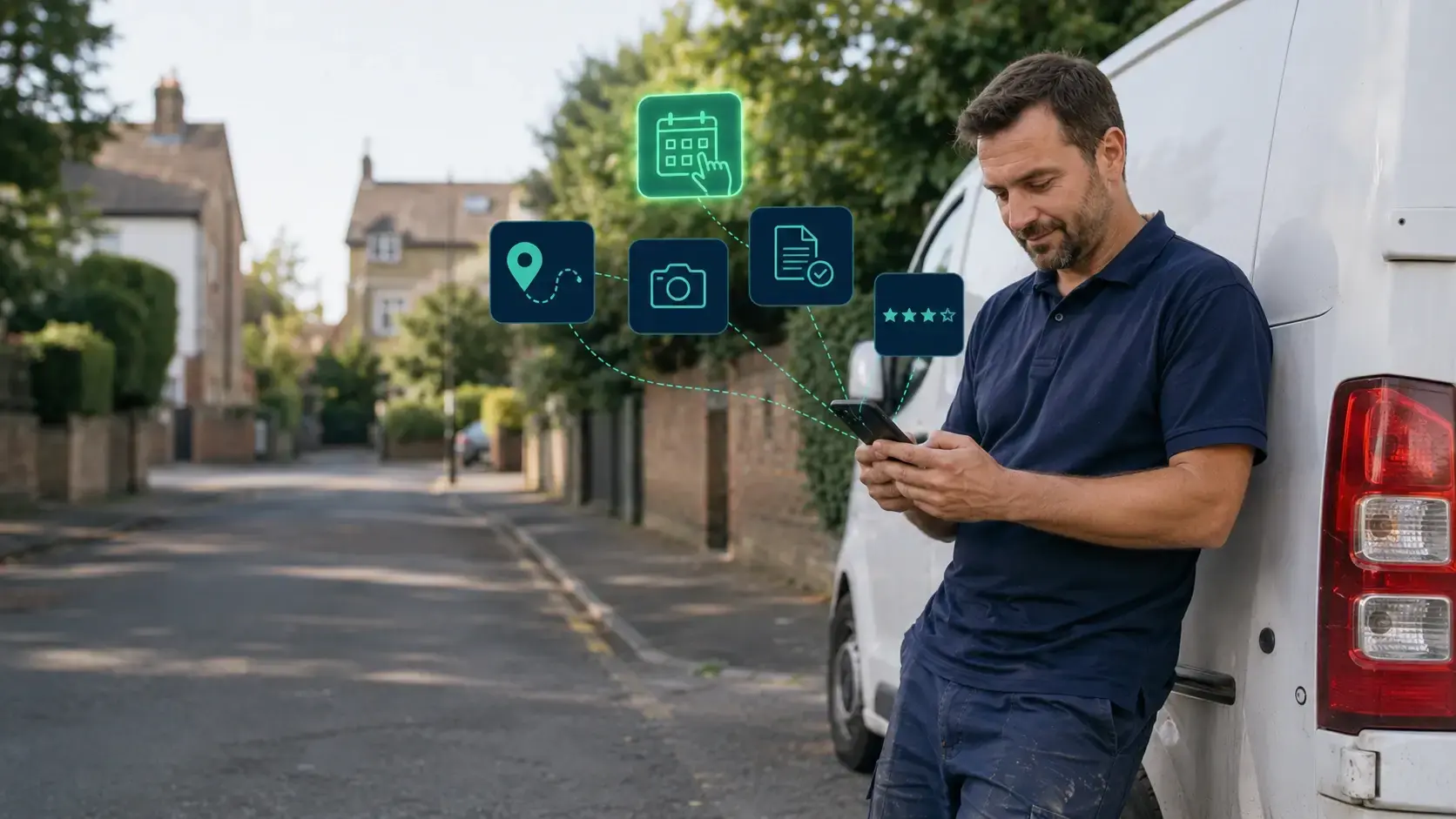 Window cleaner reviewing scheduling and invoicing features in window cleaning software