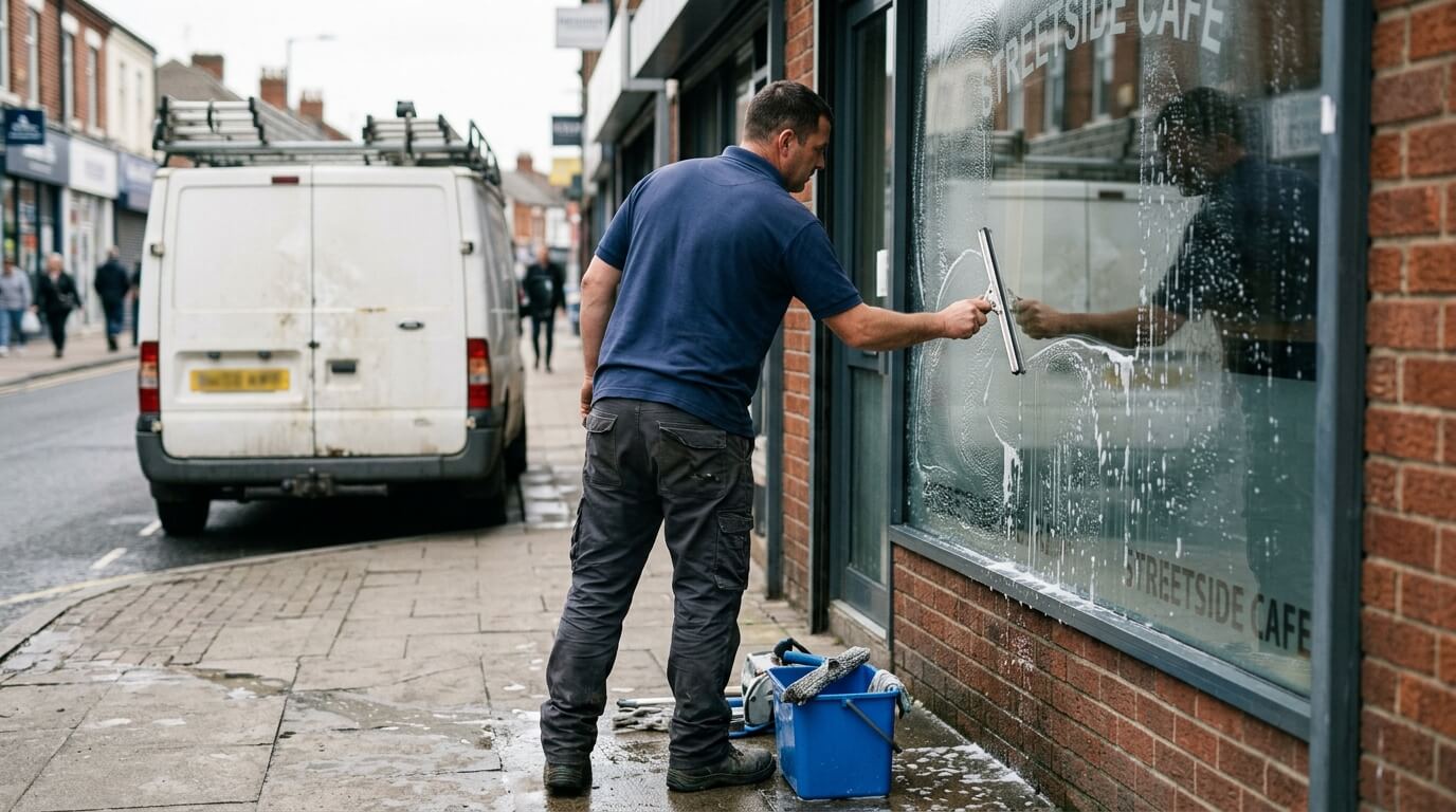 Window cleaner using a squeegee on a storefront pane during a job